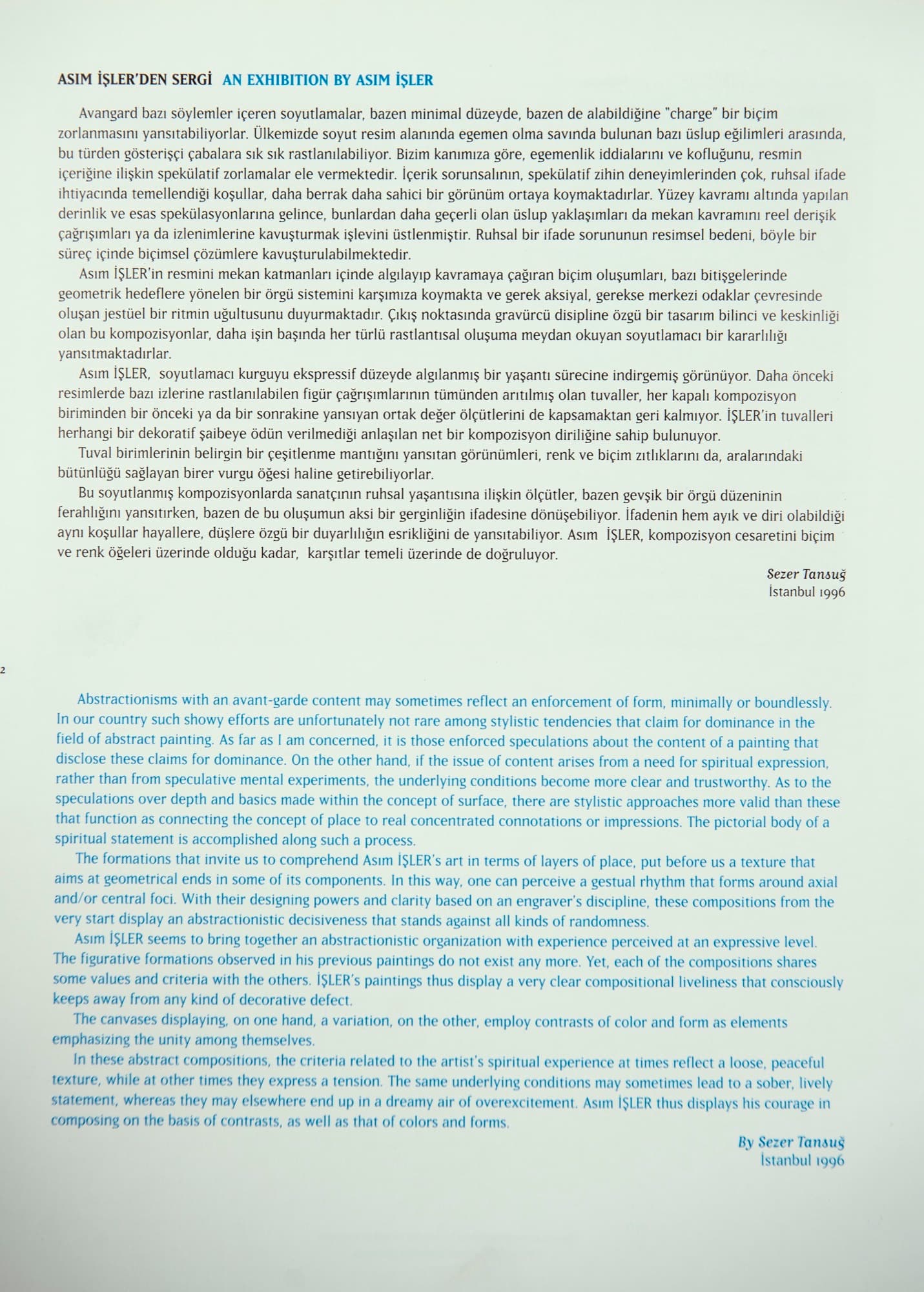 "ASIM İŞLER'den Sergi" Sezer Tansuğ İstanbul 1996 "Üç Sehir Resim ve Ben" Asım İŞLER Retrospektif Sergi Kitabi 2003