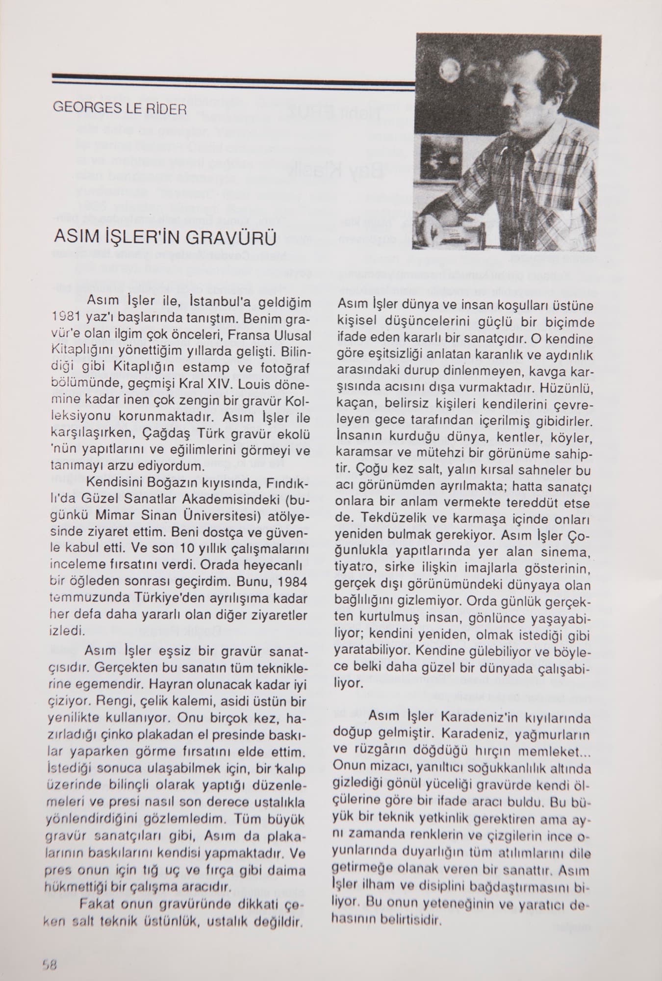 "Asım İŞLER"in Gravürü", Georges le LİDER -Oluşum:Yaz Sayı III, 1988