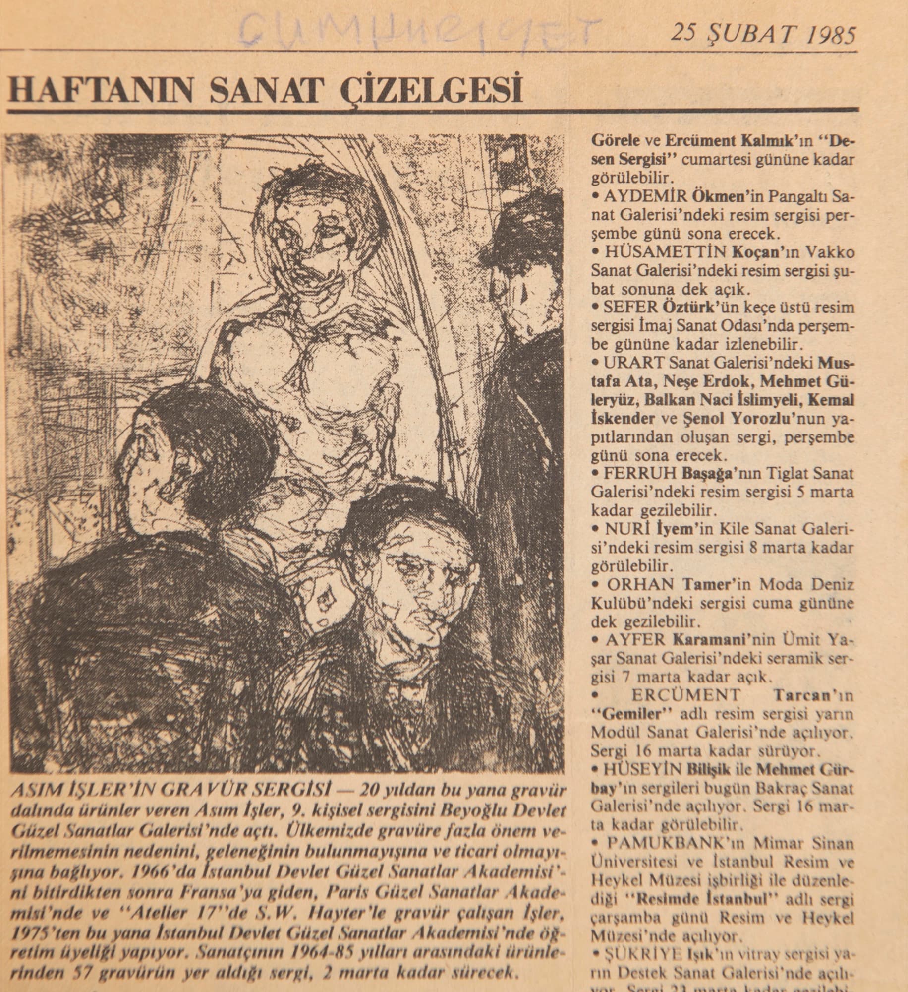 "Asım İşler'in gravür sergisi" , Cumhuriyet, 25 Şubat 1985