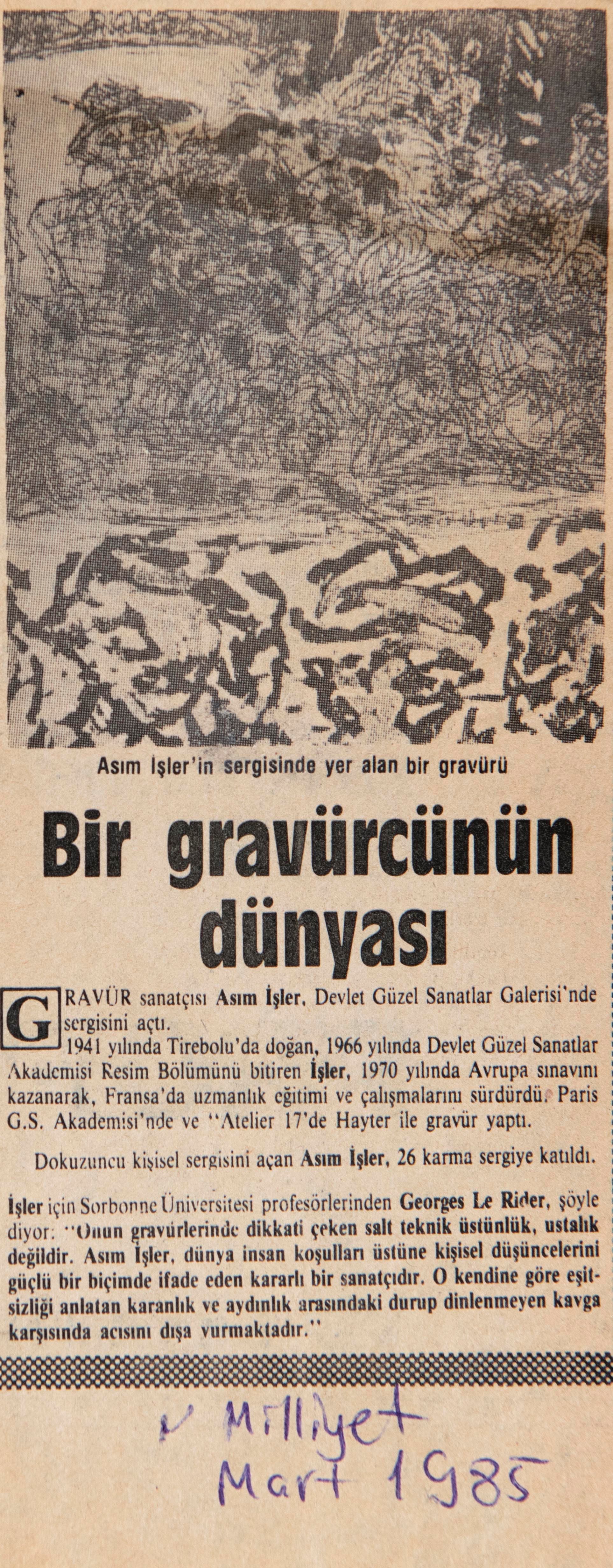 "Bir gravürcünün Dünyası", Zeynep Oral-Milliyet Mart 1985