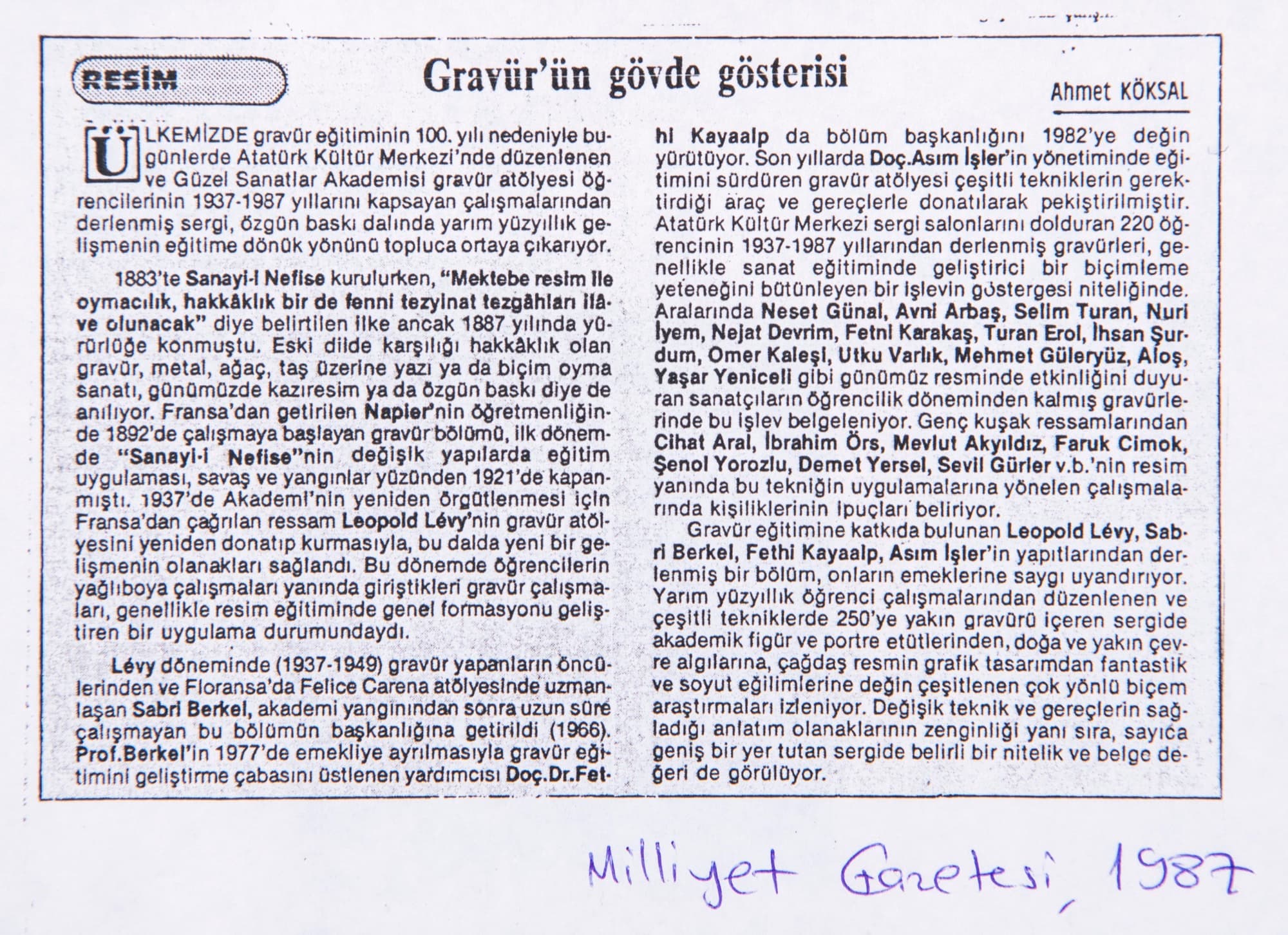 "Gravür'ün Gövde Gösterisi" , Ahmet Köksal, Milliyet 1987