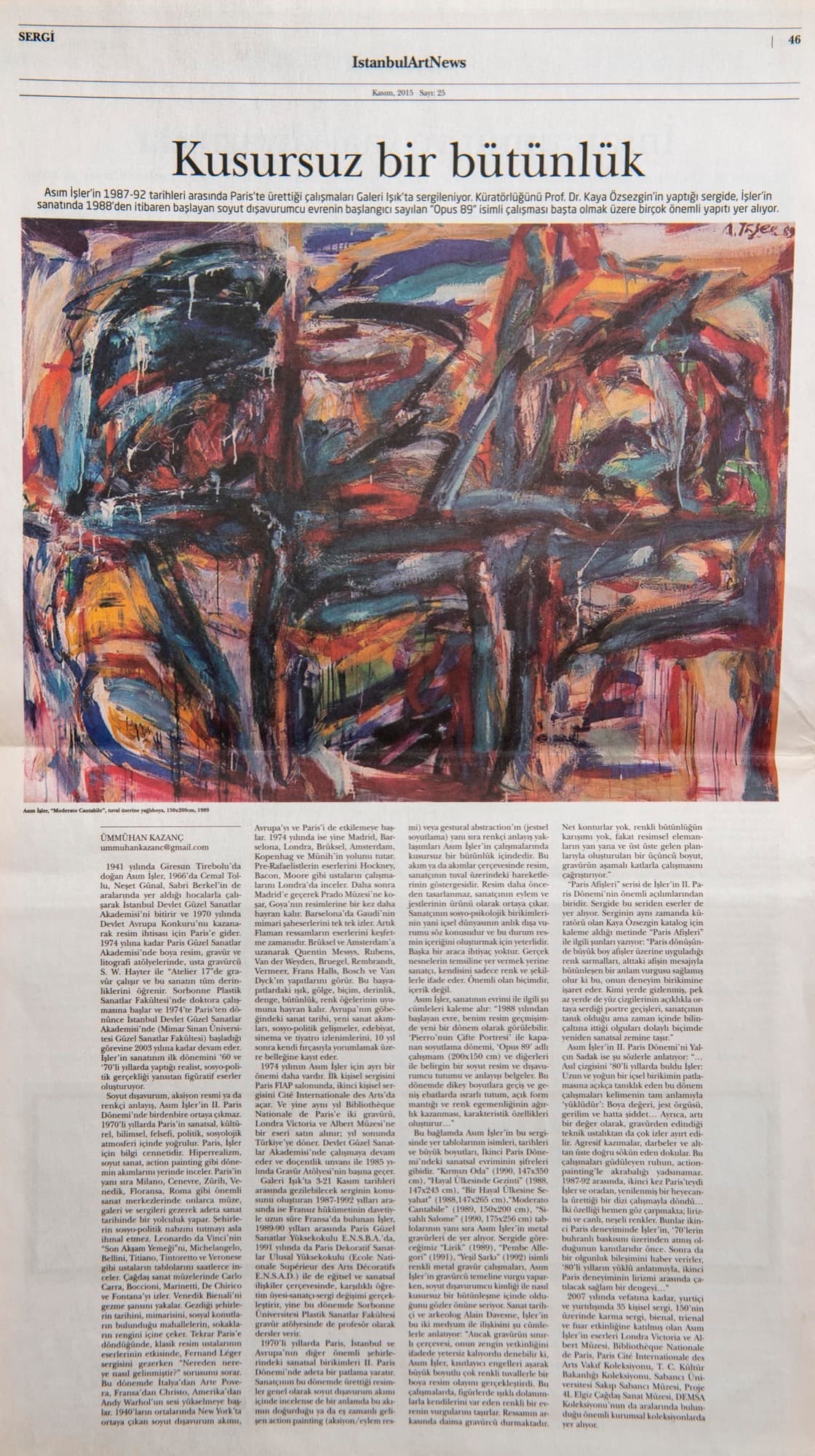 "Kusursuz Bir Bütünlük", Ümmühan Kazanç İstanbulArtNews, Sayı 25, Kasım 2015