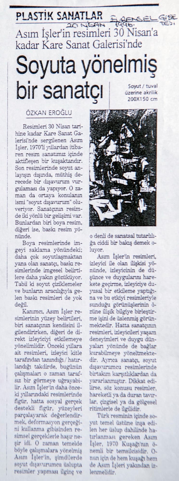 "Soyuta yönelmiş bir sanatçı", Özkan Eroğlu- 20 Nisan 1996, Evrensal Gazetesi